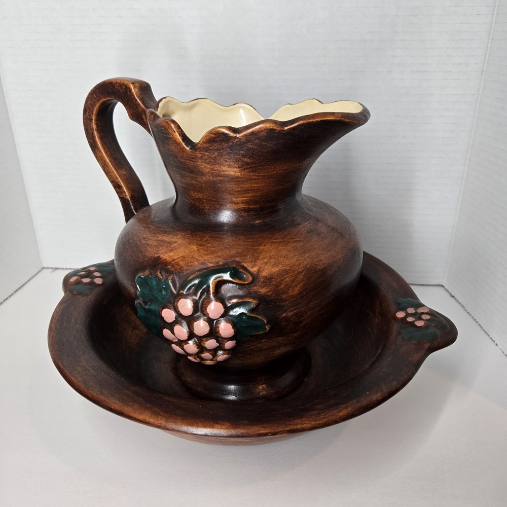 Vintage Pottery Pitcher & Wash Basin Bowl Set Farmhouse Grandma Grape Pattern